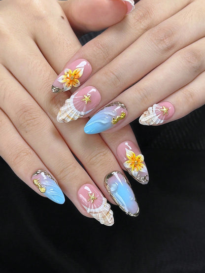 Pink & Blue 3D Floral Shell Almond Press-On Nails