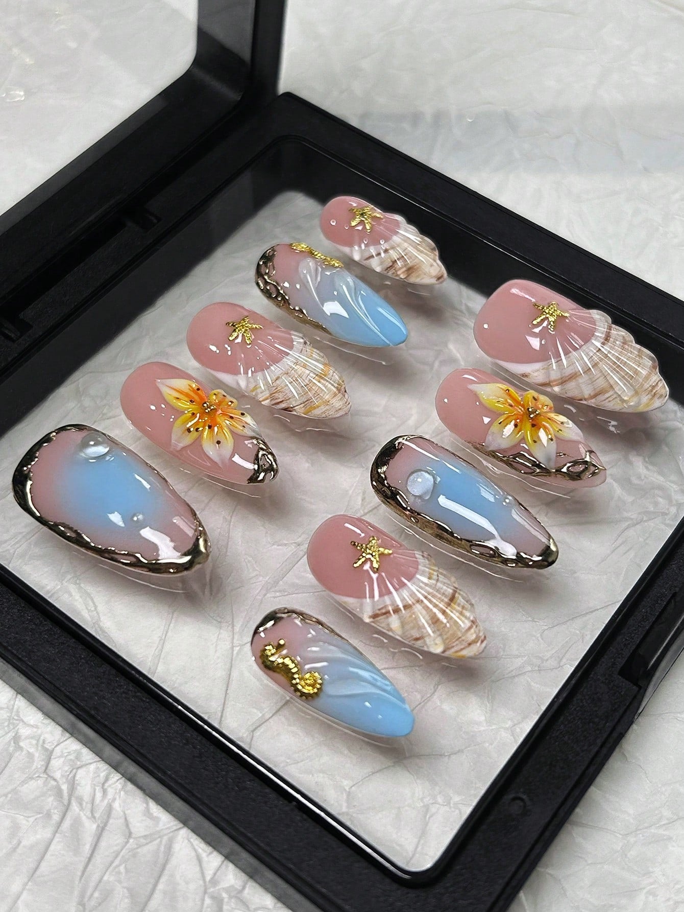 Pink & Blue 3D Floral Shell Almond Press-On Nails