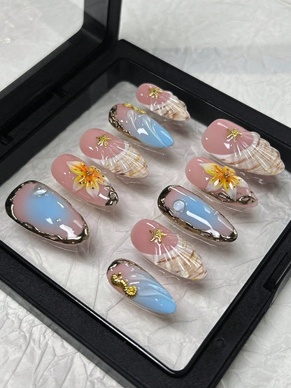 Pink & Blue 3D Floral Shell Almond Press-On Nails