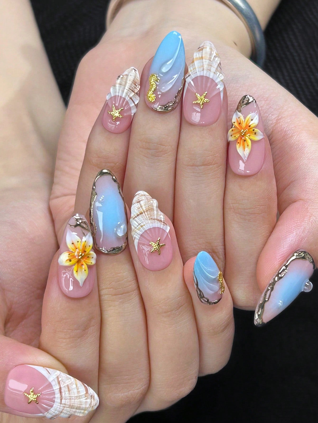 Pink & Blue 3D Floral Shell Almond Press-On Nails