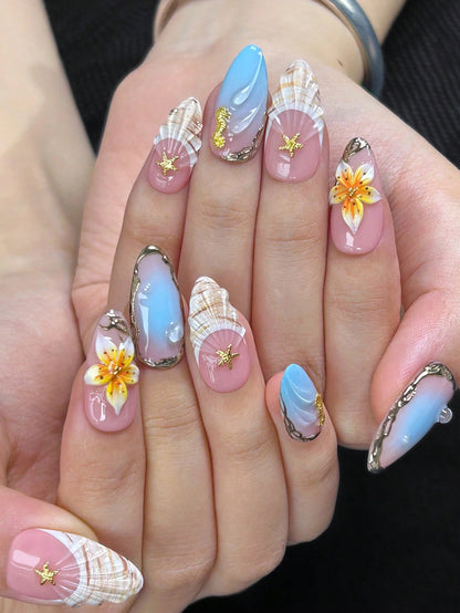 Pink & Blue 3D Floral Shell Almond Press-On Nails