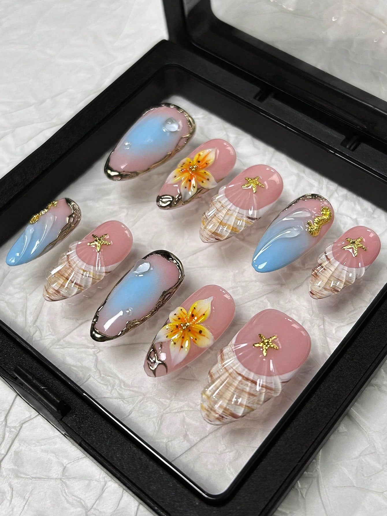 Pink & Blue 3D Floral Shell Almond Press-On Nails