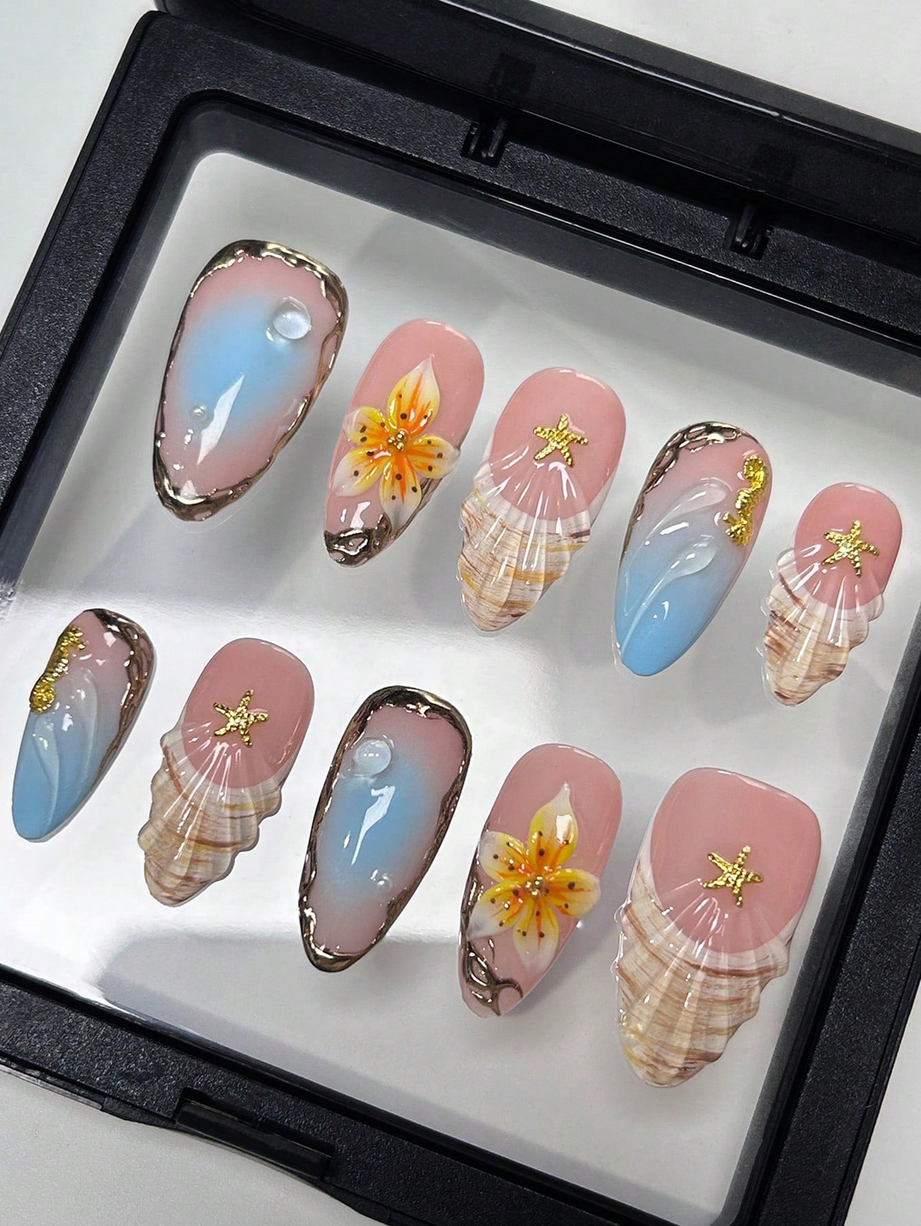 Pink & Blue 3D Floral Shell Almond Press-On Nails
