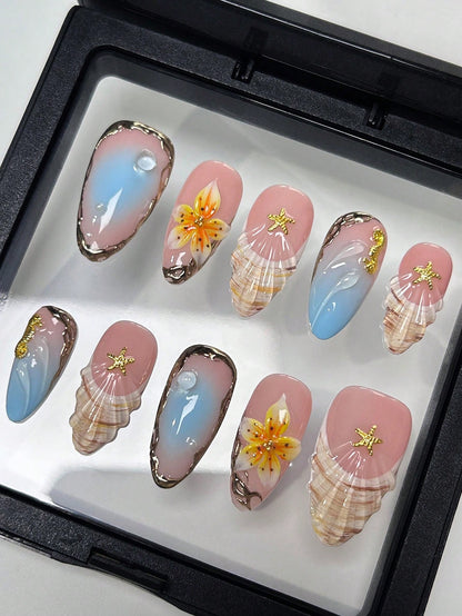 Pink & Blue 3D Floral Shell Almond Press-On Nails