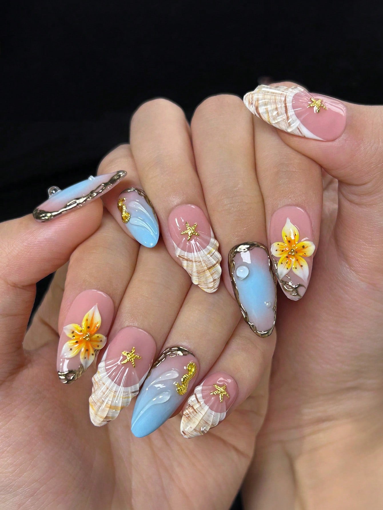 Pink & Blue 3D Floral Shell Almond Press-On Nails