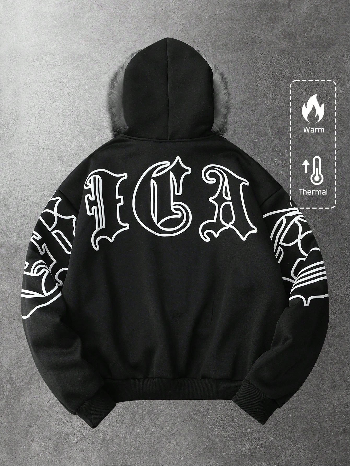 Men's Graphic Fleece Hoodie with Faux Fur Collar