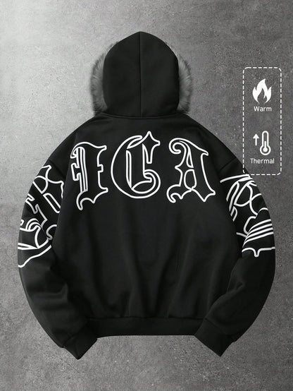 Men's Graphic Fleece Hoodie with Faux Fur Collar
