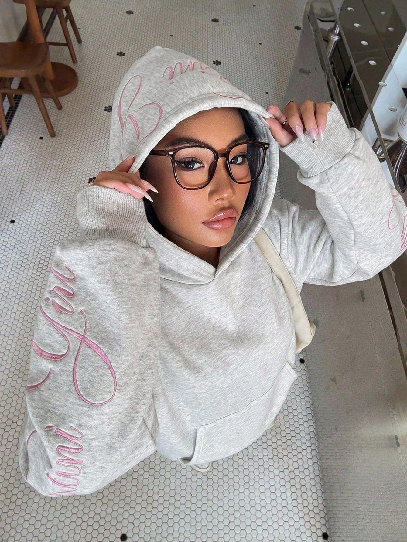 Muchica Women's Y2K Light Grey Embroidered Sweatshirt