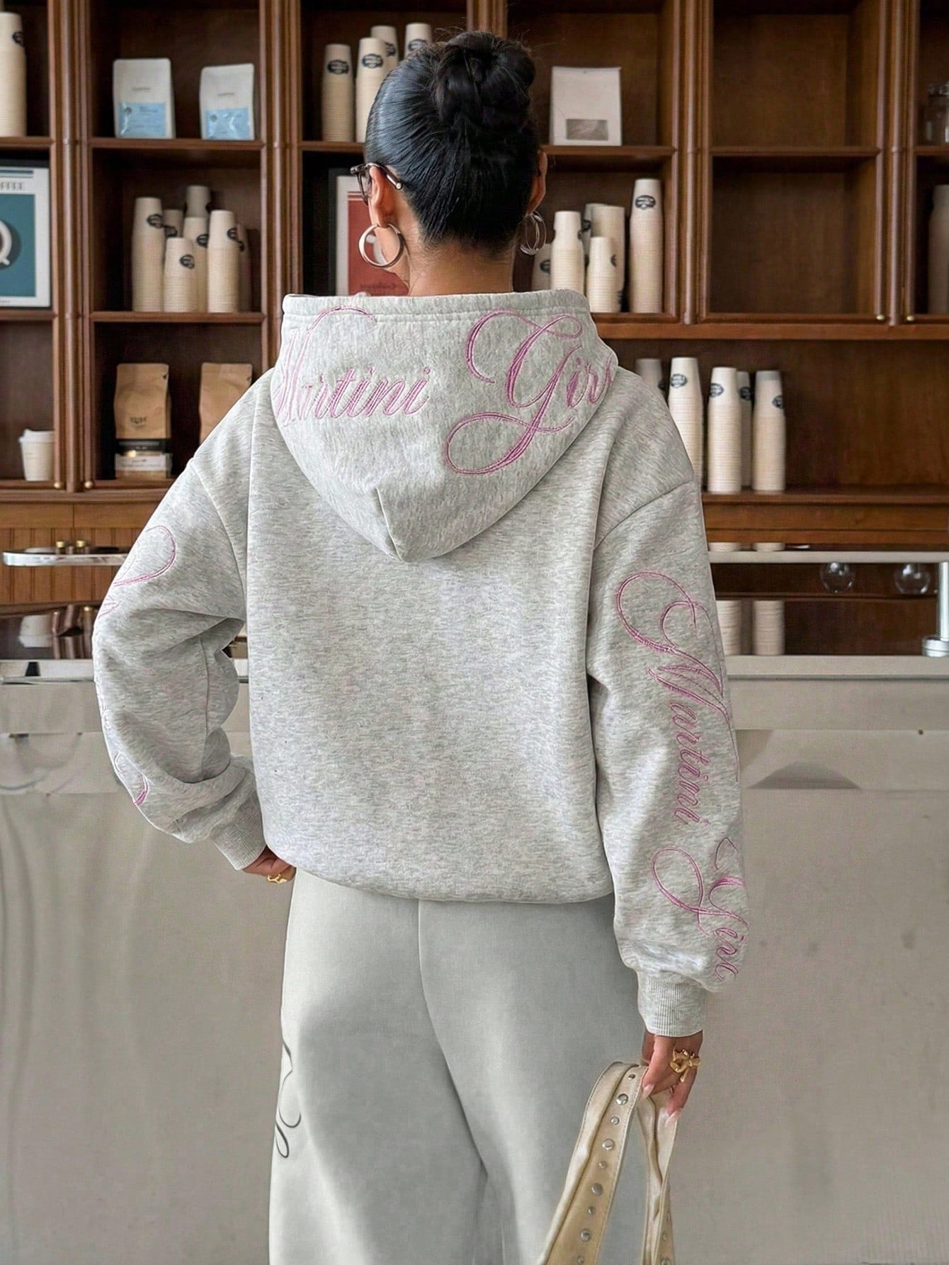 Muchica Women's Y2K Light Grey Embroidered Sweatshirt