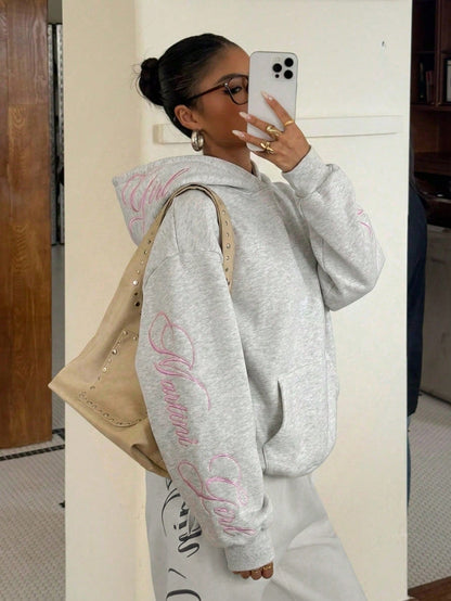 Muchica Women's Y2K Light Grey Embroidered Sweatshirt