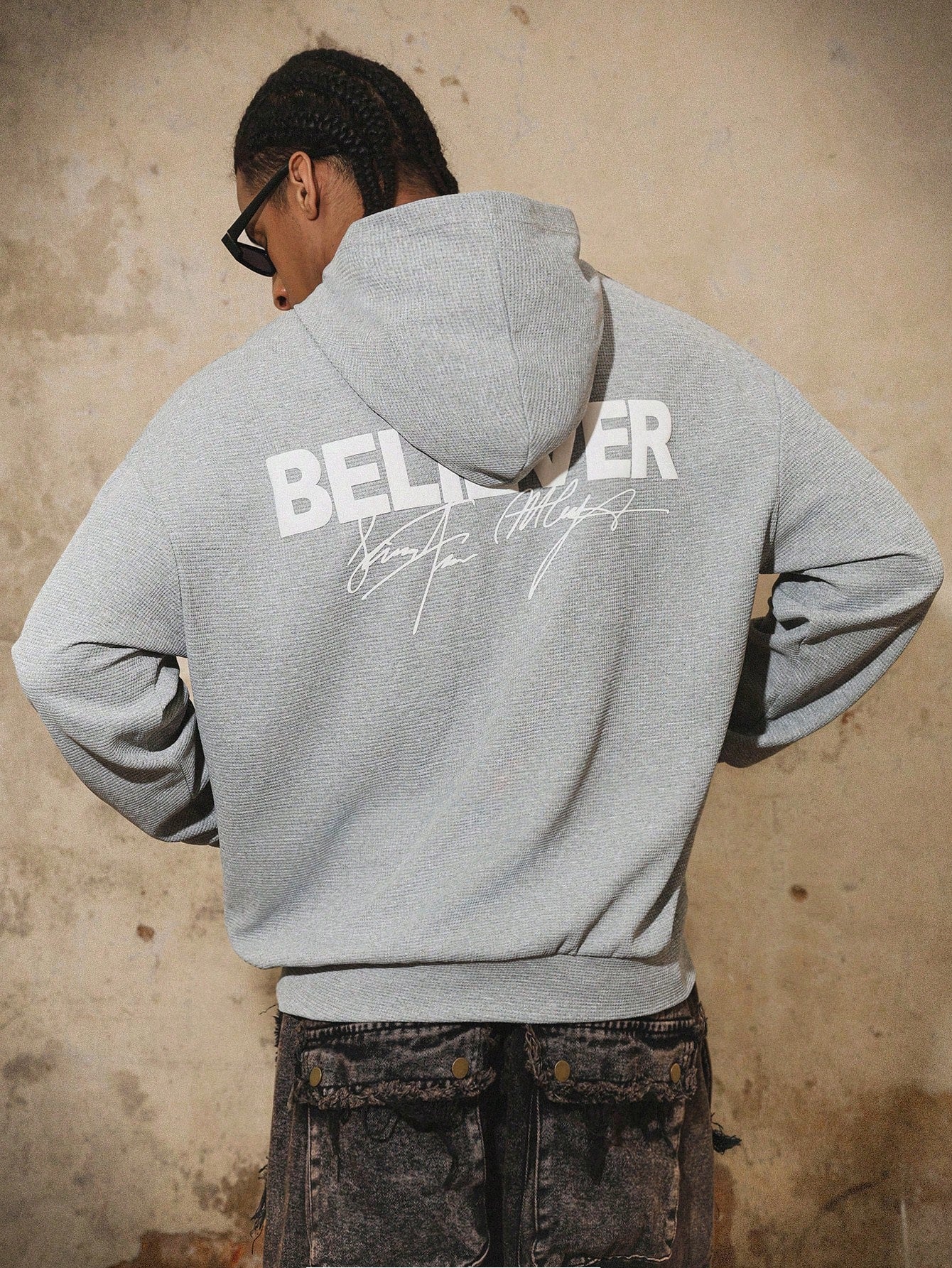 Men's Y2K Graphic Zip-Up Hoodie Light Grey