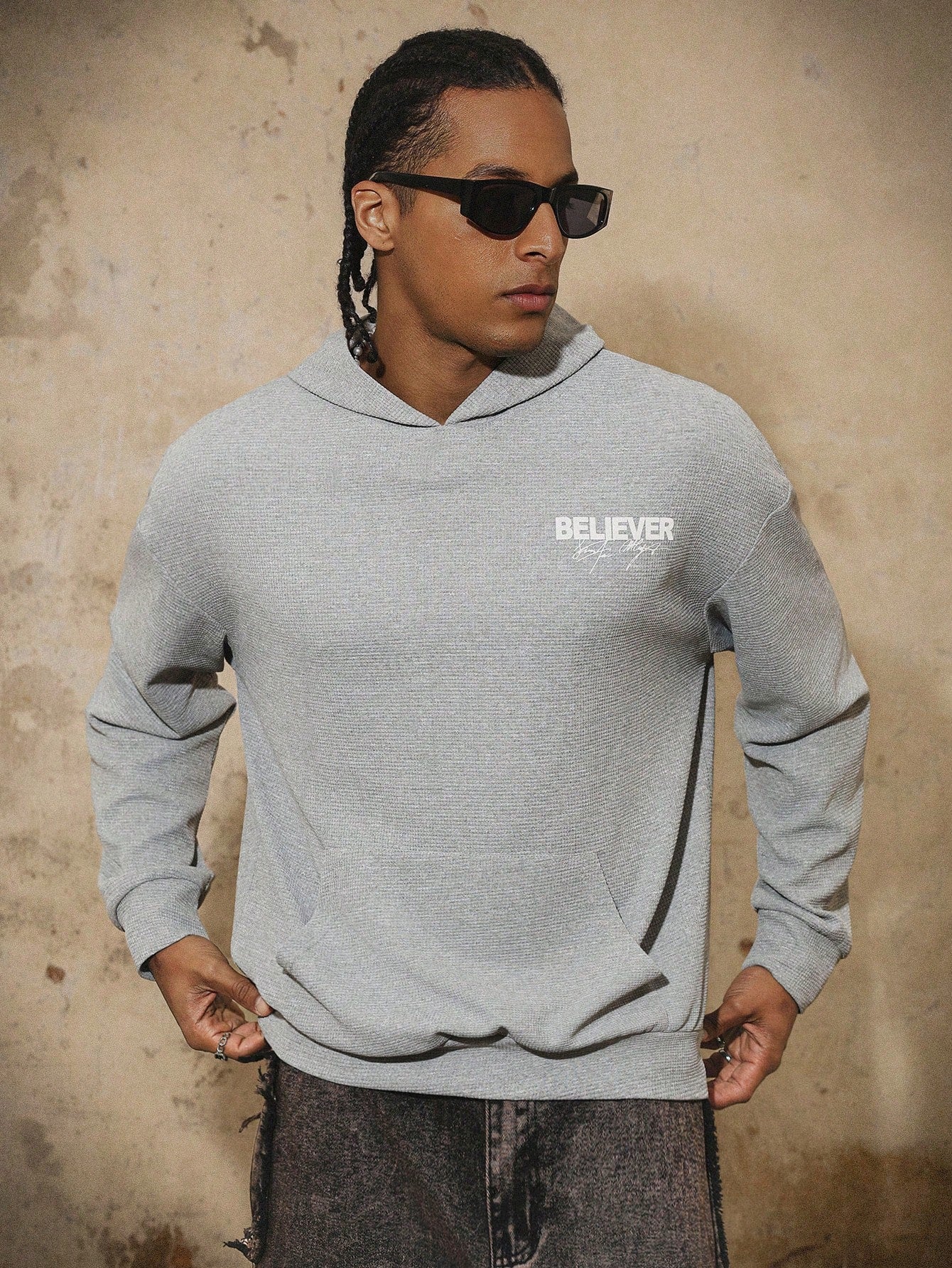 Men's Y2K Graphic Zip-Up Hoodie Light Grey
