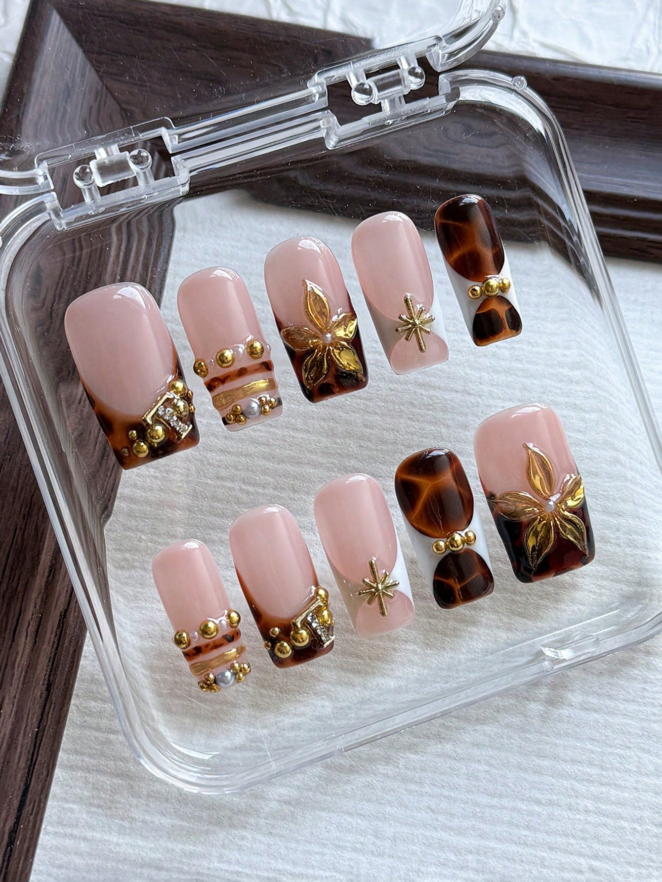 Handmade Tortoiseshell 3D Floral Square Nail Set