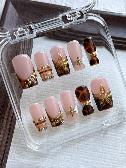 Handmade Tortoiseshell 3D Floral Square Nail Set