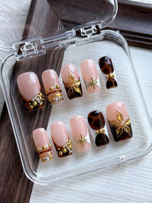 Tortoiseshell Floral 3D Square Press-On Nails (10pcs)