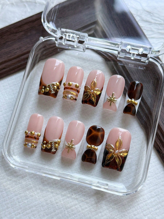 Handmade Tortoiseshell 3D Floral Square Nail Set