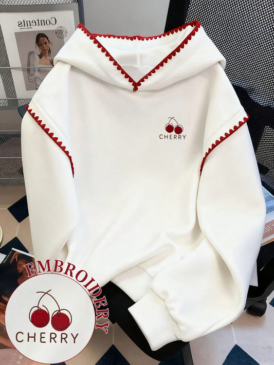 Plus Size Cherry Letter Embroidery Contrast Lace Hoodie
