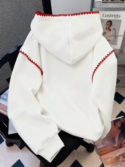 Plus Size Cherry Letter Embroidery Contrast Lace Hoodie