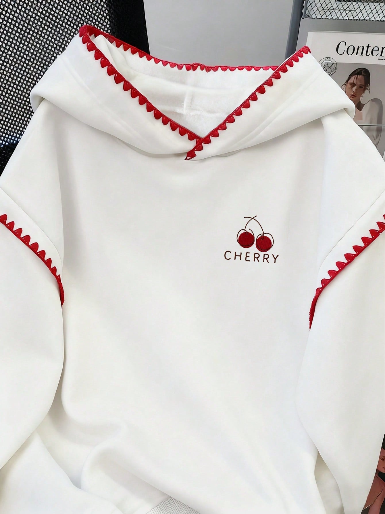 Plus Size Cherry Letter Embroidery Contrast Lace Hoodie