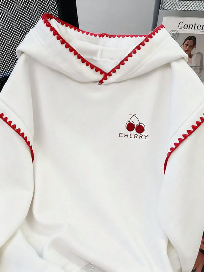 Plus Size Cherry Letter Embroidery Contrast Lace Hoodie