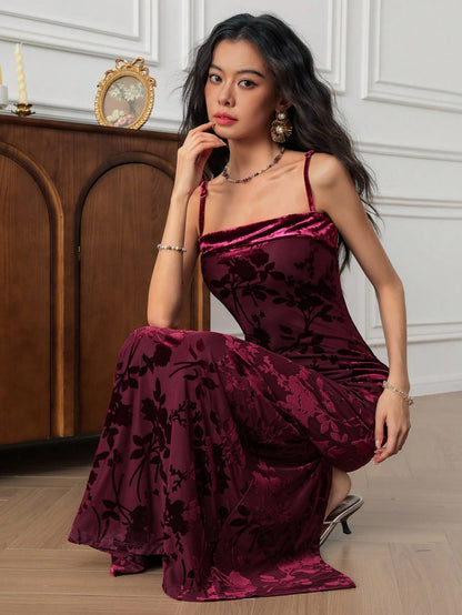 Elegant Red Violet Floral Print Maxi Cami Dress