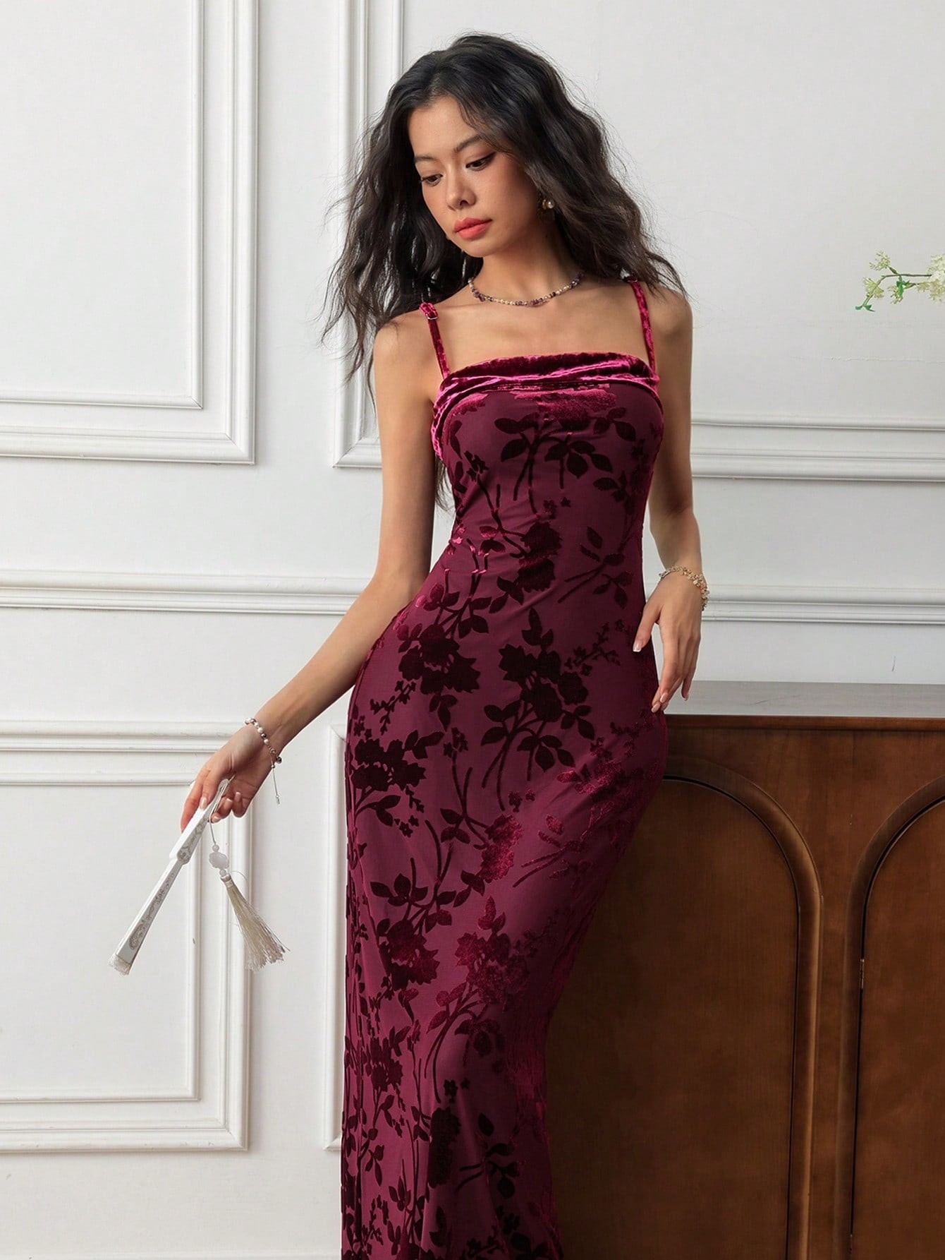 Elegant Red Violet Floral Print Maxi Cami Dress