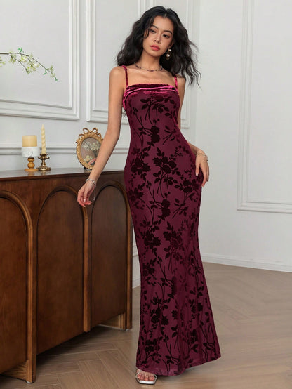 Elegant Red Violet Floral Print Maxi Cami Dress