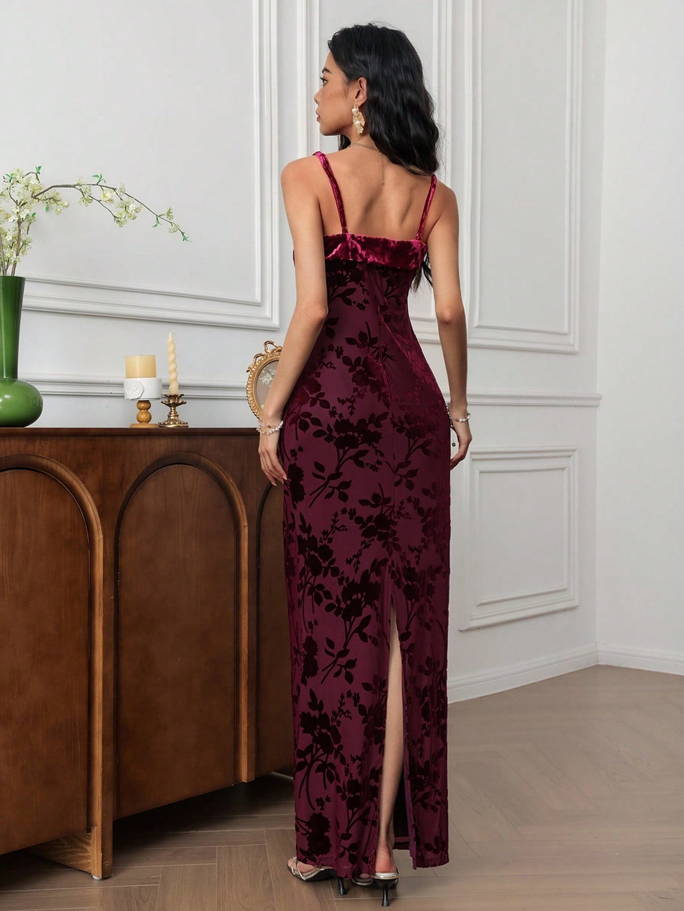 Elegant Red Violet Floral Print Maxi Cami Dress