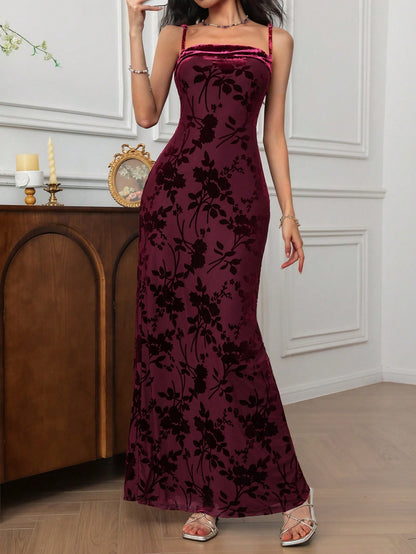 Elegant Red Violet Floral Print Maxi Cami Dress