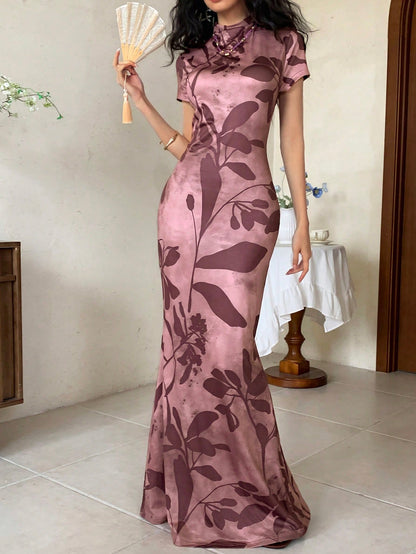 Elegant Floral Print Mermaid Maxi Dress
