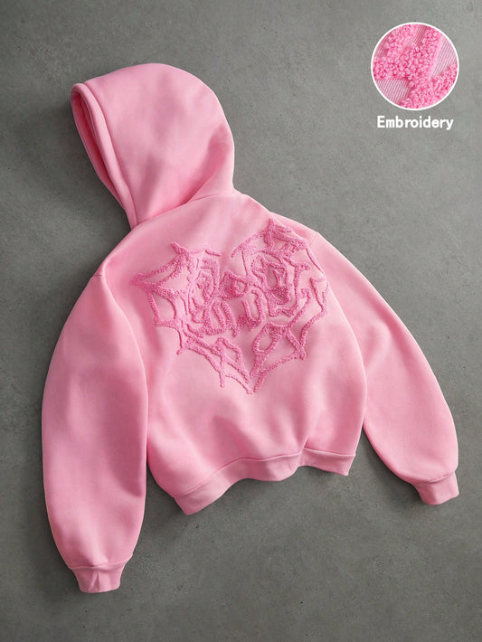 Men's Pink Spider Web Heart 3D Embroidery LOVE Hoodie