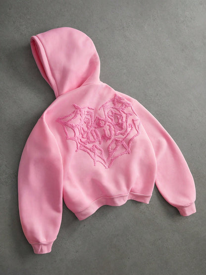 Men's Pink Spider Web Heart 3D Embroidery LOVE Hoodie