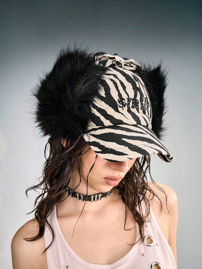 Goth Women Faux Fur Contrast Hip-Hop Baseball Cap