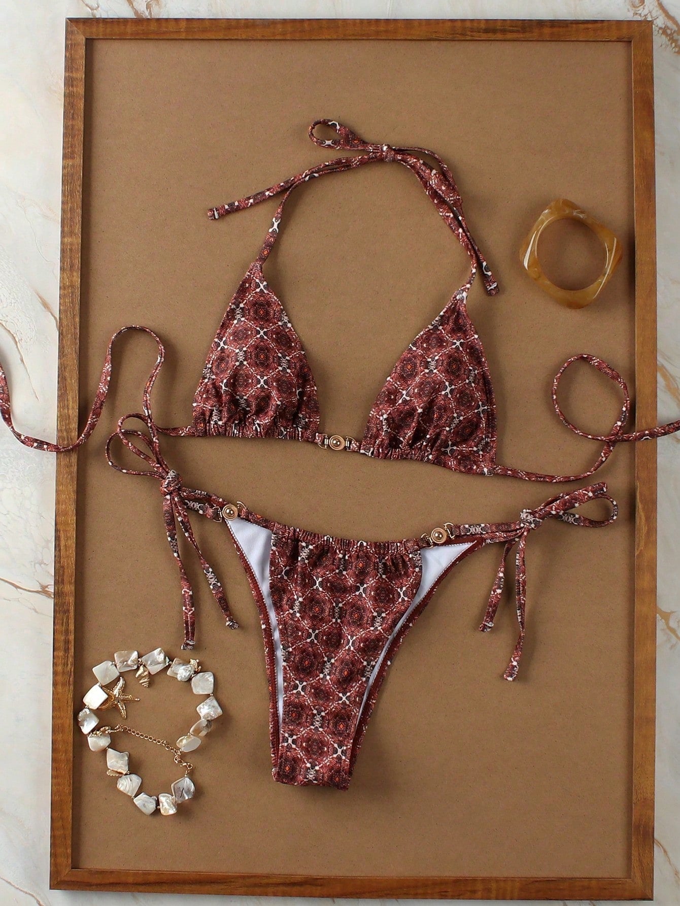 Elegant Coffee Plaid Bikini with Metal Buckle