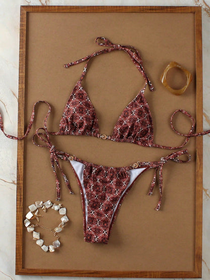 Elegant Coffee Plaid Bikini with Metal Buckle