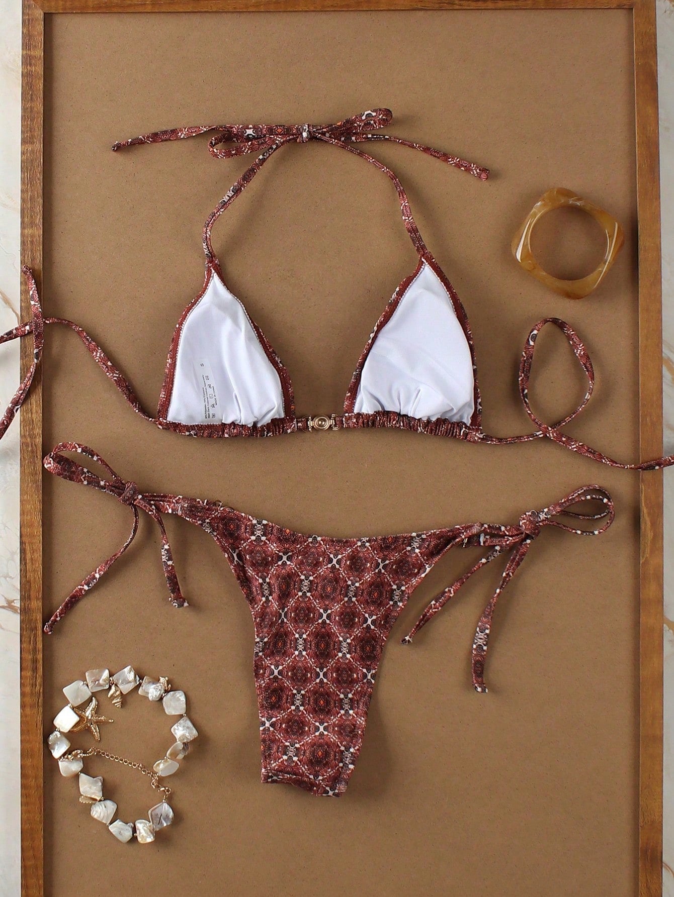 Elegant Coffee Plaid Bikini with Metal Buckle