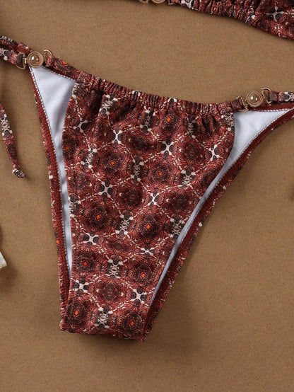Elegant Coffee Plaid Bikini with Metal Buckle