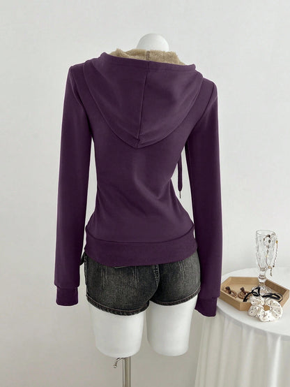 Women's Vintage Fitted Knit Thermal Hooded Sweatshirt