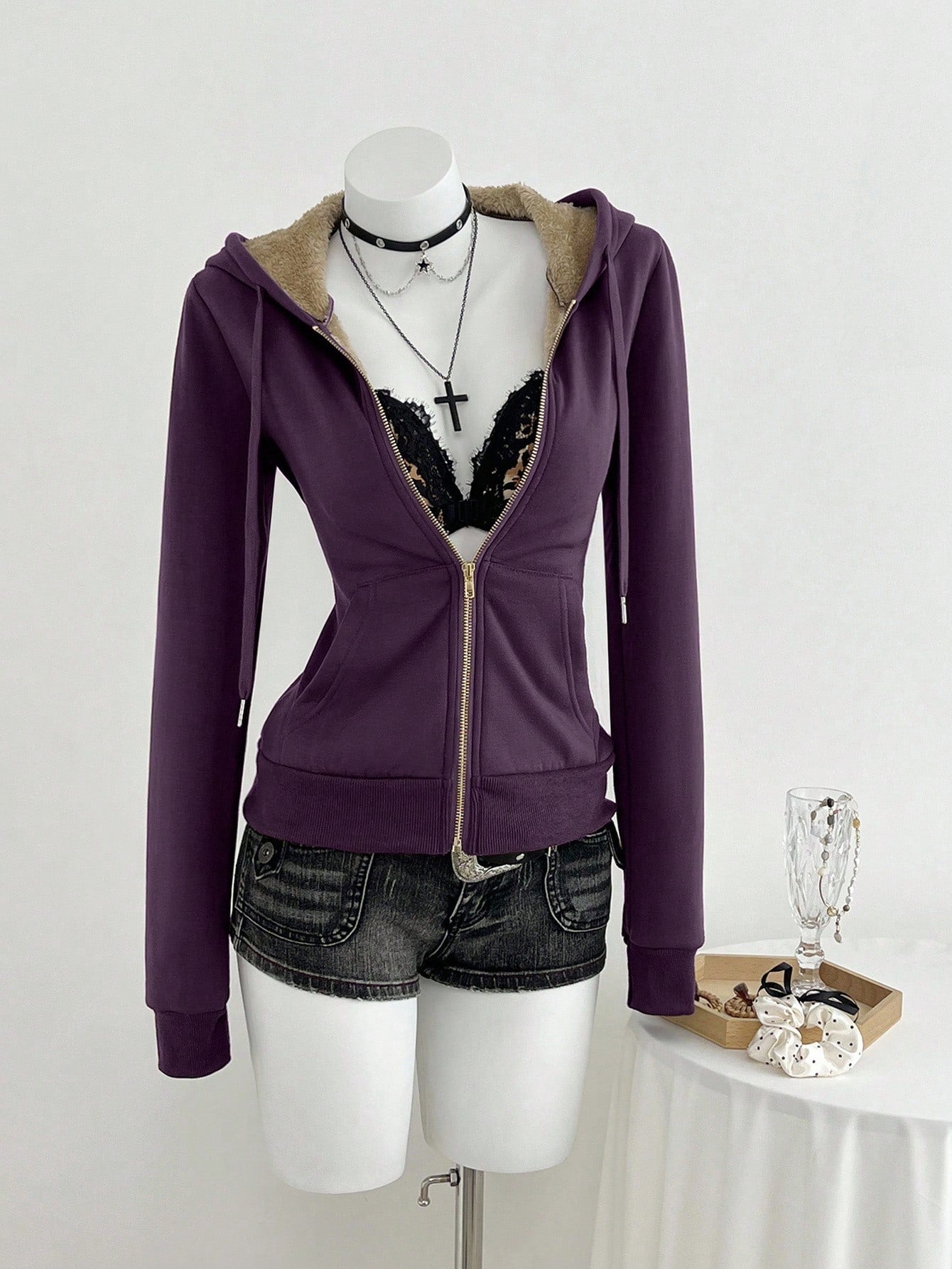 Women's Vintage Fitted Knit Thermal Hooded Sweatshirt