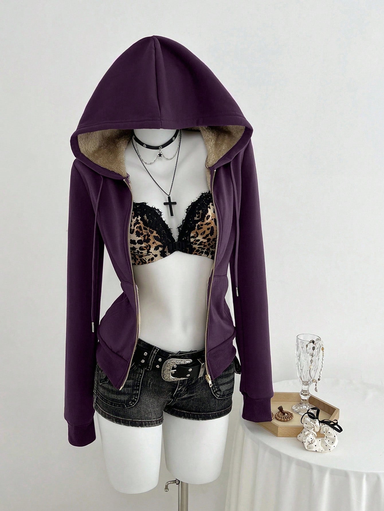 Women's Vintage Fitted Knit Thermal Hooded Sweatshirt
