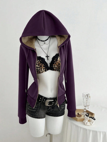 Women's Vintage Fitted Knit Thermal Hooded Sweatshirt