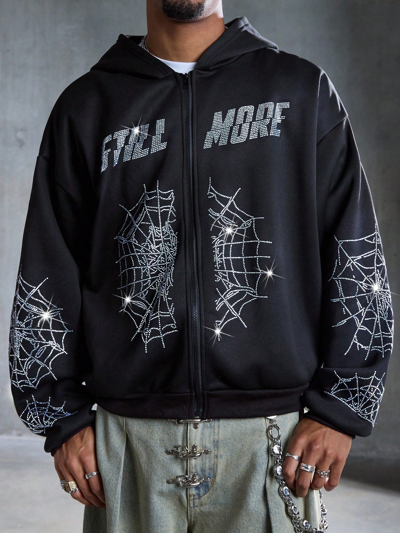 Men's Spider Web Print Dropped Shoulder Y2K Zip Hoodie