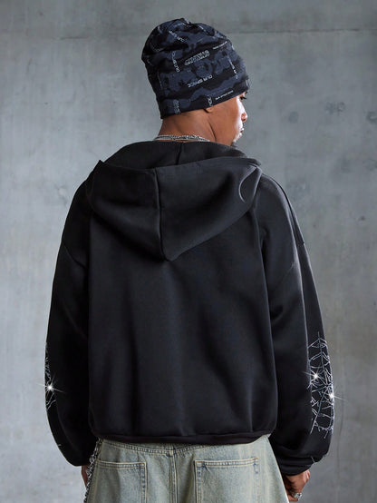 Men's Spider Web Print Dropped Shoulder Y2K Zip Hoodie