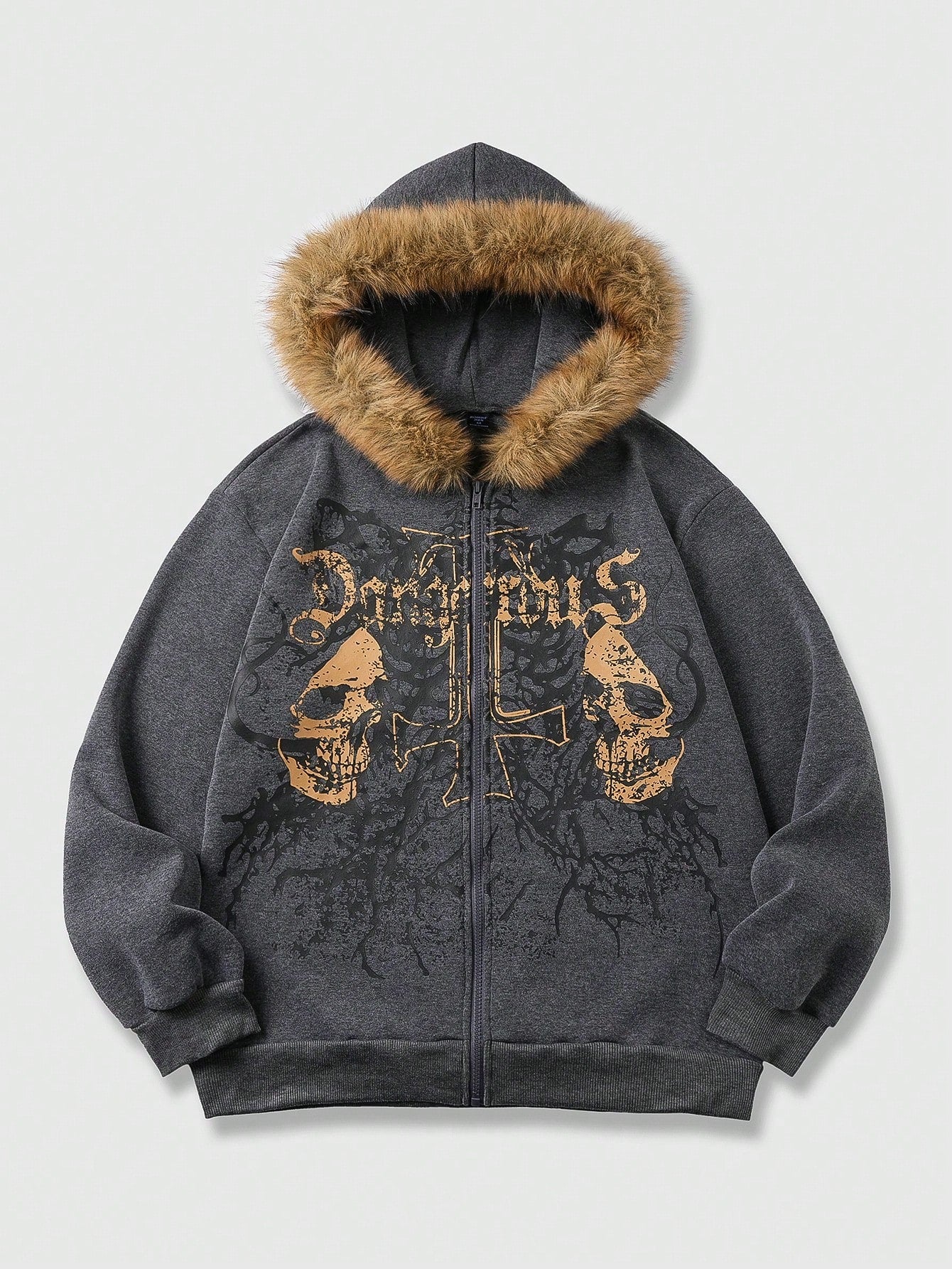 Men's Goth Skull Letter Print Fur Collar Zip Hoodie