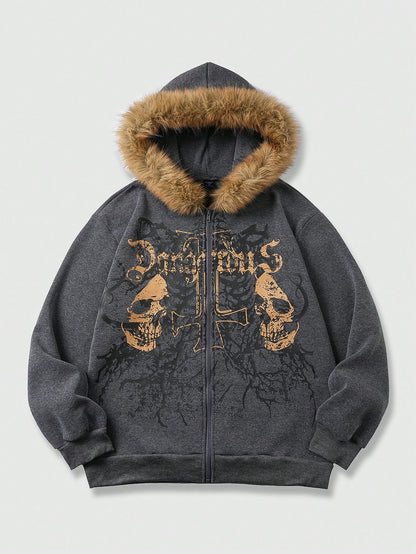 Men's Goth Skull Letter Print Fur Collar Zip Hoodie