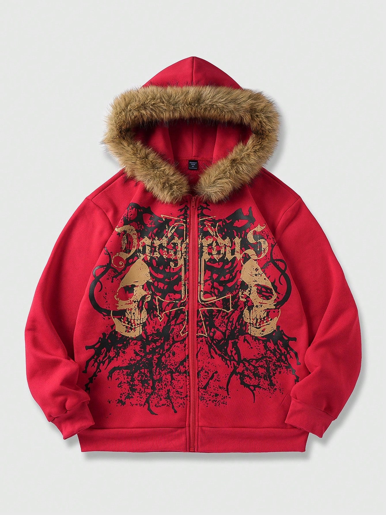 Men's Goth Skull Letter Print Fur Collar Zip Hoodie