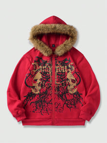 Men's Goth Skull Letter Print Fur Collar Zip Hoodie