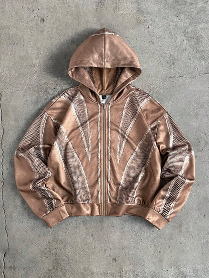 Men's Brown Distressed Cropped Loose Zip-Up Hoodie