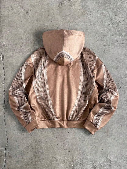 Men's Brown Distressed Cropped Loose Zip-Up Hoodie