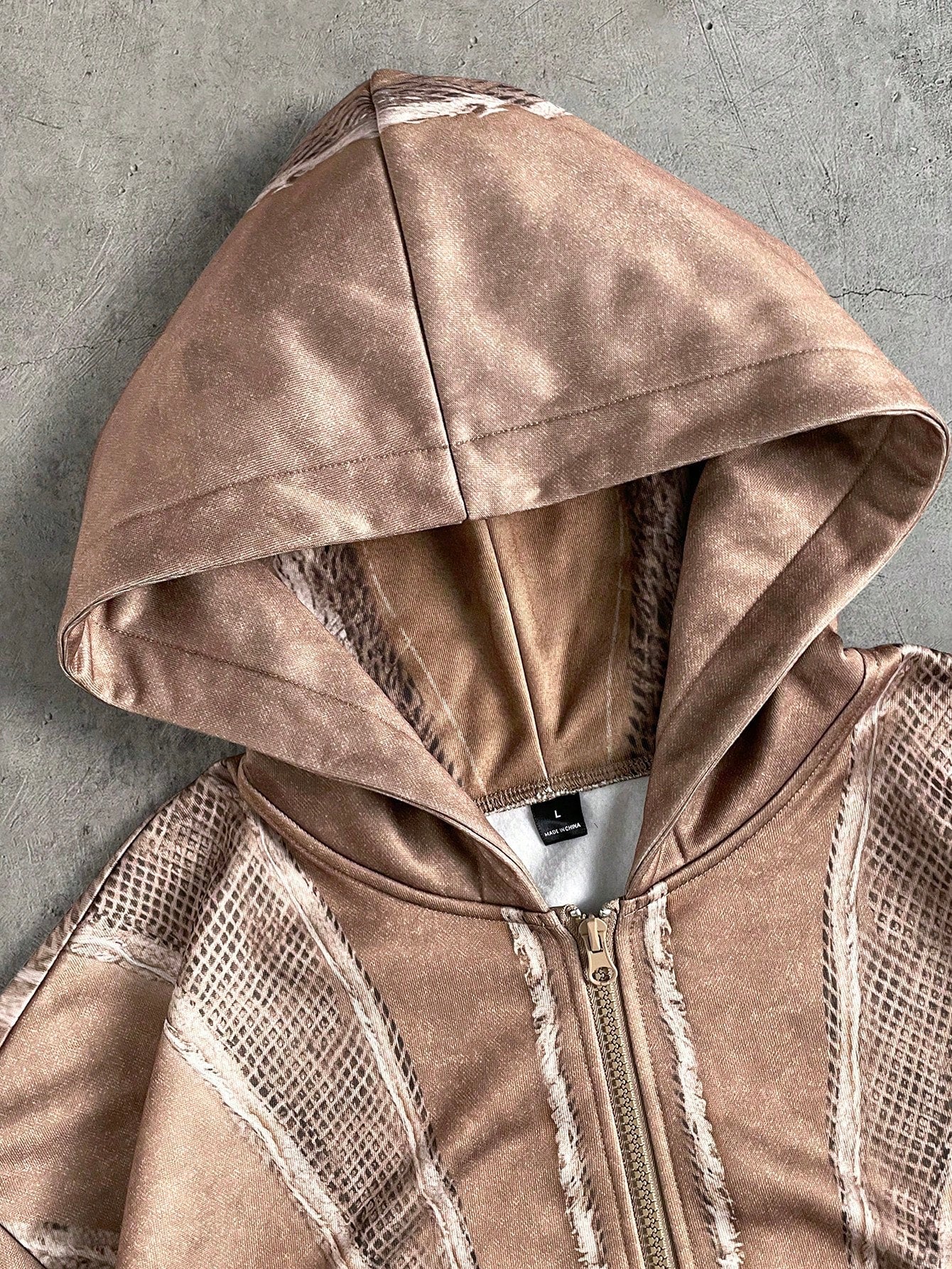 Men's Brown Distressed Cropped Loose Zip-Up Hoodie